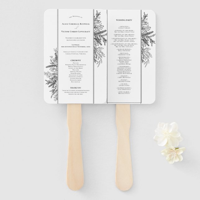 White and Black Greenery Wedding Program Hand Fan (Front and Back)