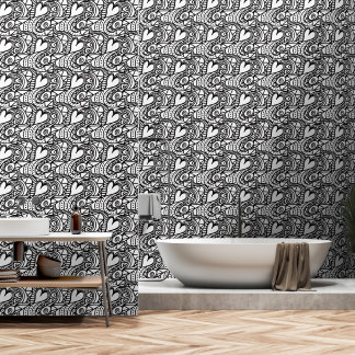 White and Black Heart Abstract Doodle Pattern Wallpaper