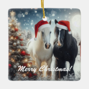 White and Black Horses wearing santa hats Ceramic Ornament