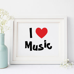 White and Black I Love Music Red Heart Poster