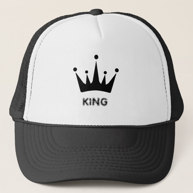 White and Black KING Text Crown Image Trucker Hat (Front)