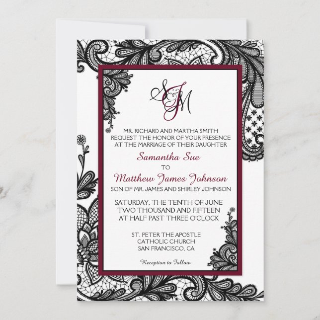 White and Black Lace Wedding Invitation Card (Front)
