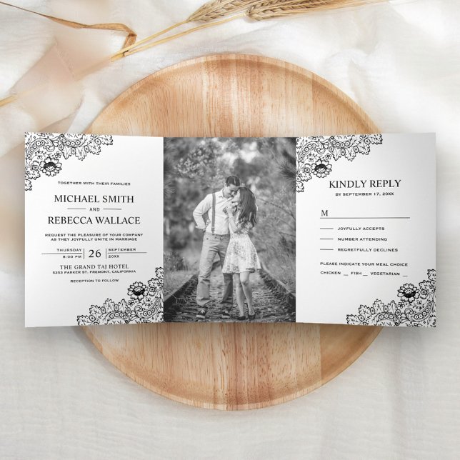 White and Black Lace Wedding Photo Tri-Fold Invitation (Creator Uploaded)