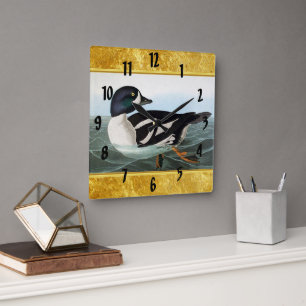White and Black mallard ducks swimming in water Square Wall Clock