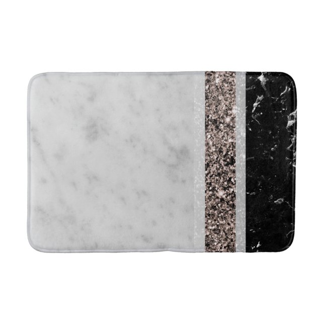 White and Black Marble Rose Gold Glitter Stripe #1 Bath Mat (Front)