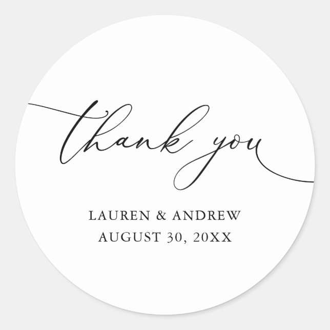 White and Black Minimalist Wedding Thank You Classic Round Sticker (Front)