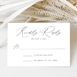 White and Black Modern Elegance Wedding RSVP Card<br><div class="desc">Minimalist,  modern wedding RSVP card featuring your RSVP date and custom accepts/declines wording. "Kindly Reply" is displayed in a black calligraphy script. The white background can be changed to a colour of your choice. Designed to coordinate with our Modern Elegance wedding collection.</div>