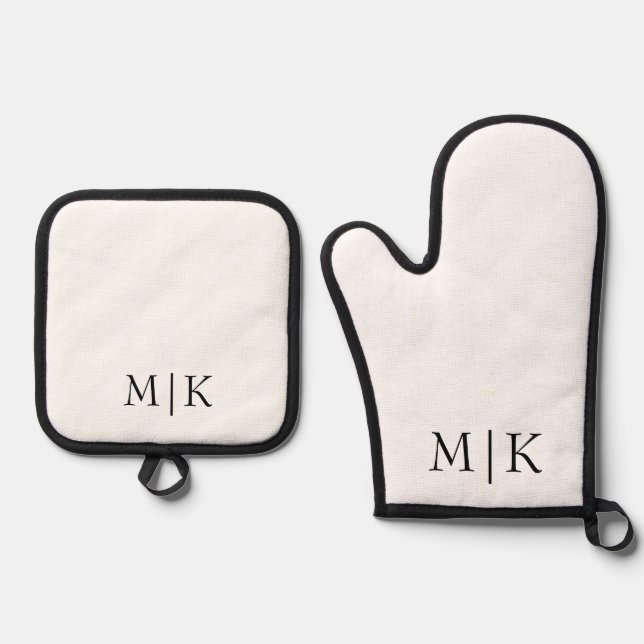White and Black | Modern Monogram Oven Mitt & Pot Holder Set (Front)