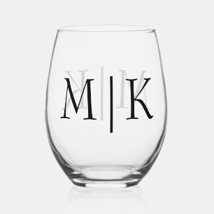 White and Black Modern Monogram Stemless Wine Glass