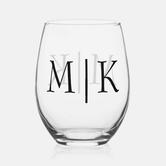 White and Black | Modern Monogram Stemless Wine Glass (Front)