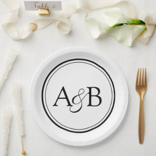 White and Black Monogram and Ampersand Couple's Paper Plate