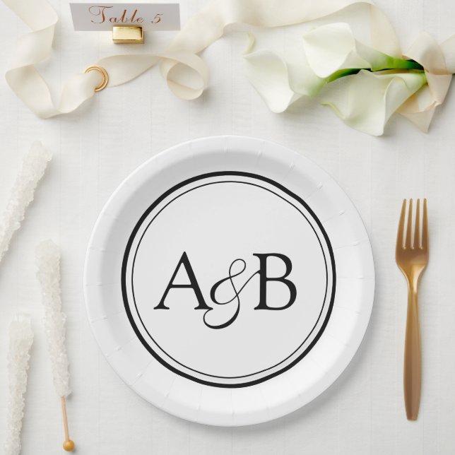 White and Black Monogram and Ampersand Couple's Paper Plate (Wedding)
