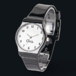 White and Black, Name, Casual Black Band Wrist Watch<br><div class="desc">This casual simple minimalist modern mens wrist watch is decorated with a white background, black letters, black silicone band, and personalised with your name. You can easily change the name and delete the black numbers if desired. What a wonderful gift for a groomsman, best man, graduation, father's day, birthday, or...</div>