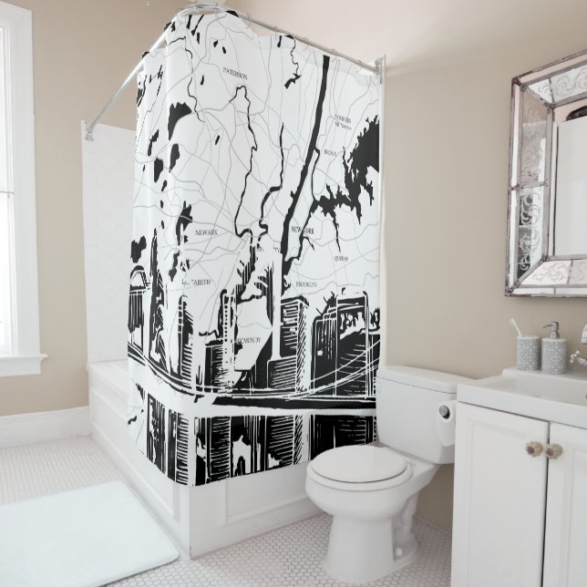 White and Black, New York Map, NYC Shower Curtain (In Situ)