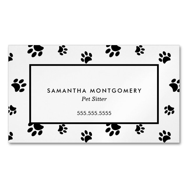 White and Black Paw Prints Professional Pet Sitter Magnetic Business Card (Front)
