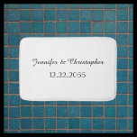 White and Black Personalized Script Name and Date  Bath Mat<br><div class="desc">This plush bath mat can be any background color you select.  Default Background is  a neutral white; two lines of personalization - e.g. names and wedding date - are black.  A great gift for a wedding.  All Rights Reserved © 2015 Alan & Marcia Socolik.</div>