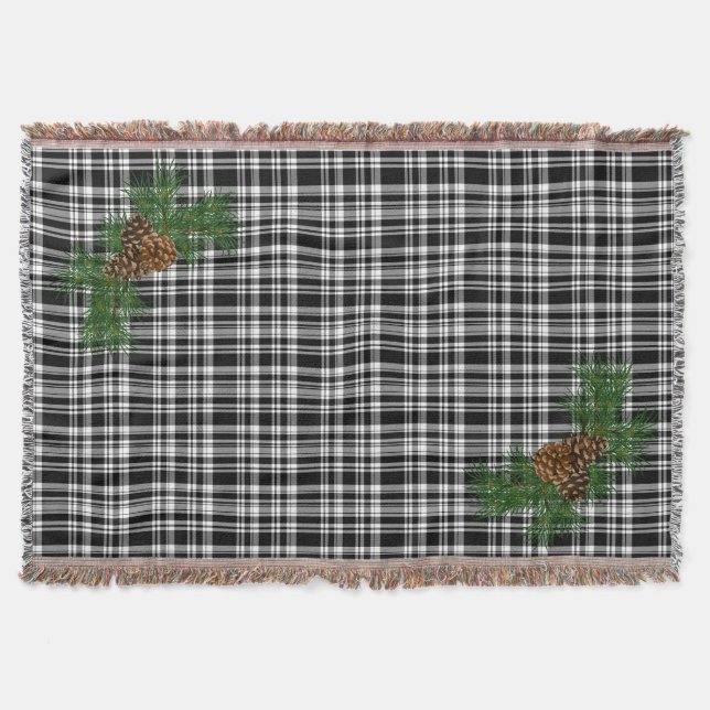 White and Black plaid -with pine-cone detail Throw Blanket (Front)