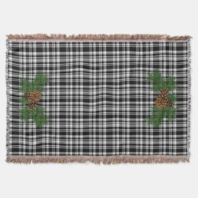 White and Black plaid -with pine-cone detail Throw Blanket (Front)