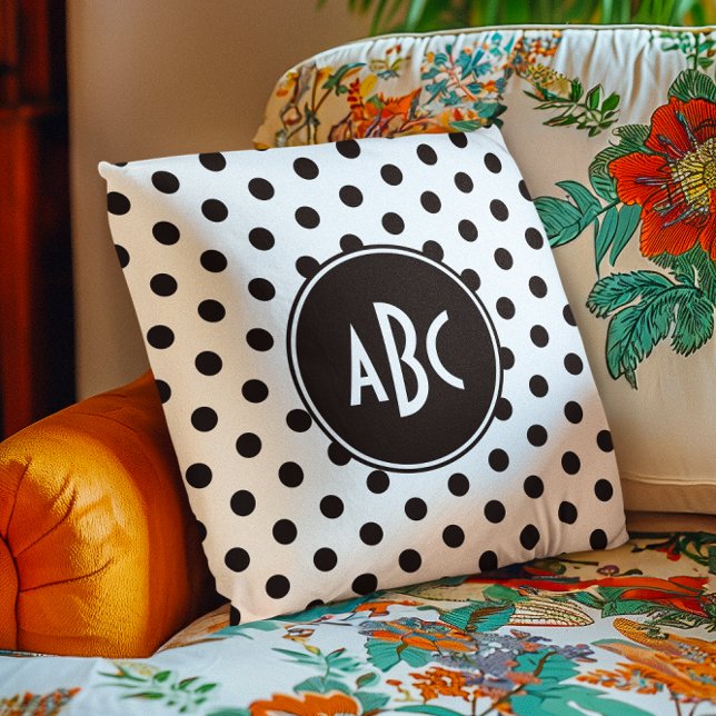 White and Black Polka Dot Monogram Cushion (White and Black Polka Dot Monogram Throw Pillow)