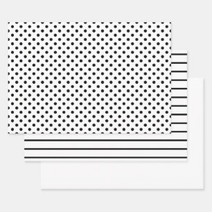 White and Black Polka Dot Stripes Wrapping Paper Sheet