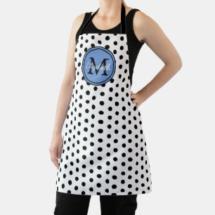 White and Black Polka Dot With Blue Monogram Apron