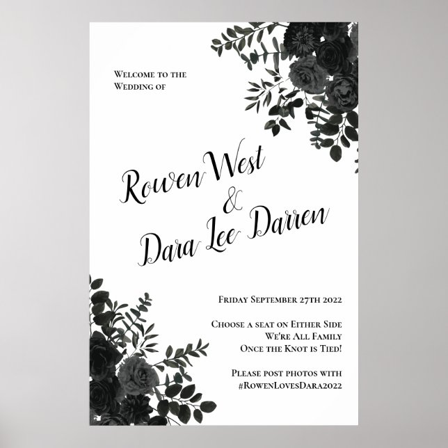 White and Black Rose Gothic Wedding Ceremony Sign (Front)