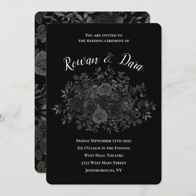 White and Black Rose Gothic Wedding Invitations (Front/Back)