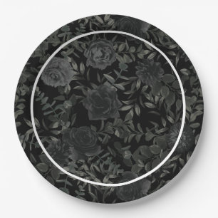 White and Black Rose Gothic Wedding Paper Plates