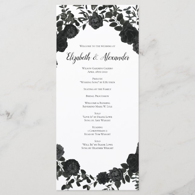 White and Black Rose Gothic Wedding Programs Menu (Front)