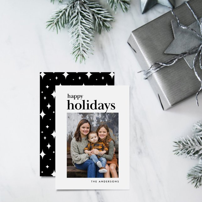 White and Black Serif Happy Holidays Photo Holiday Card (Creator Uploaded)