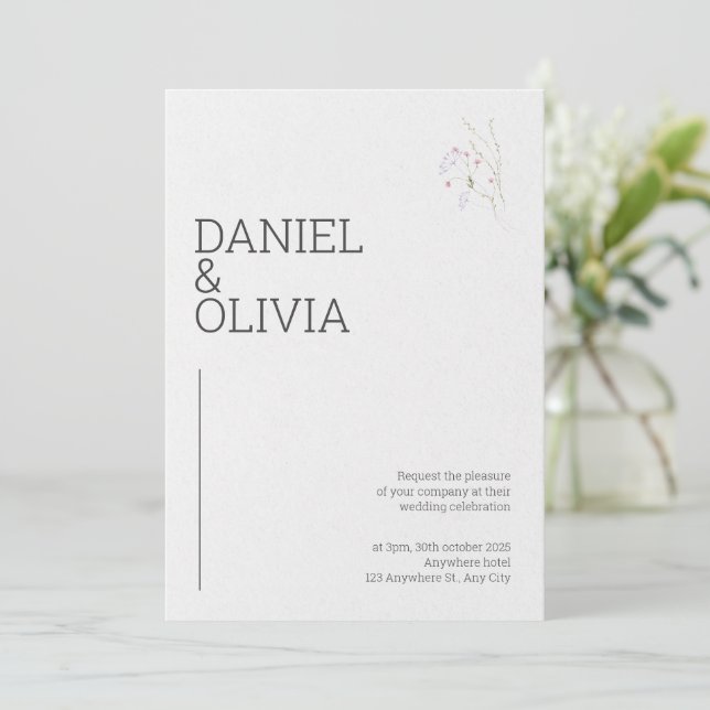 White and Black Simple Minimalist Floral Wedding Invitation (Standing Front)