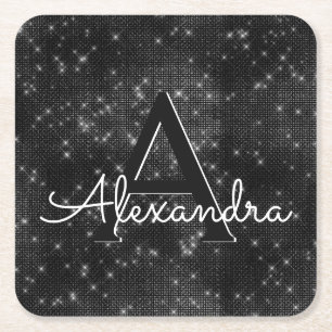 White and Black Sparkle Monogram Birthday Square Paper Coaster