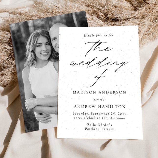 White and Black Speckled Modern Photo Wedding Invitation (Creator Uploaded)