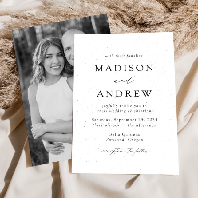 White and Black Speckled Modern Photo Wedding Invitation (Creator Uploaded)