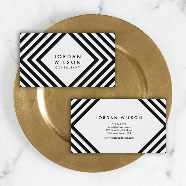 White and Black Square Lines Minimalist Geometric Business Card (Creator Uploaded)