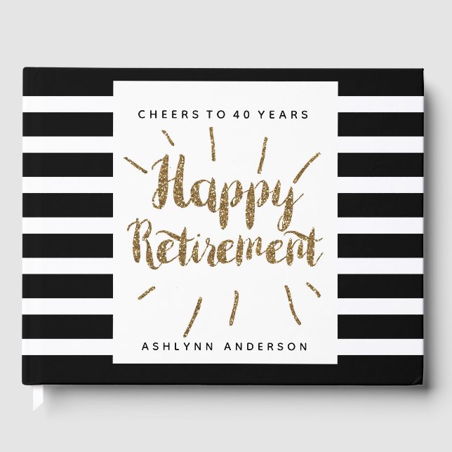 White and Black Striped Happy Retirement Guest Book (Front)