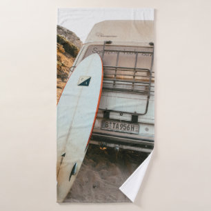 White and black surfboard bath towel