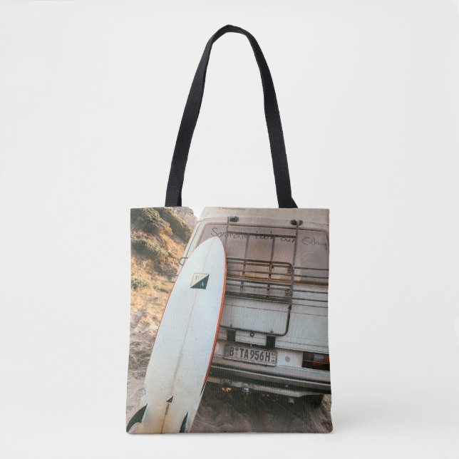 White and black surfboard tote bag (Front)