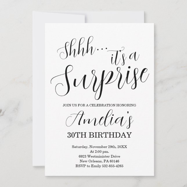 White and Black Surprise Birthday Party Invitation (Front)