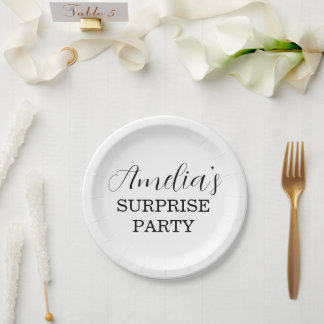 White and Black Surprise Birthday Party Invitation Paper Plate