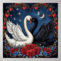 White and Black Swans with Hearts and Roses