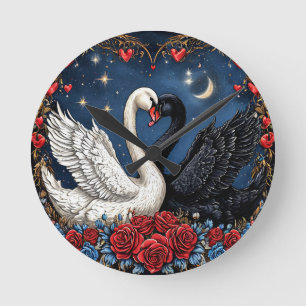 White and Black Swans with Hearts and Roses Round Clock