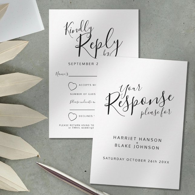 White and black text heart wedding reply RSVP Card (Creator Uploaded)