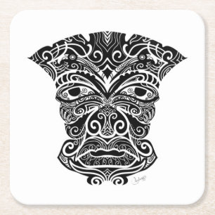 White And Black Tiki Mask Square Paper Coaster