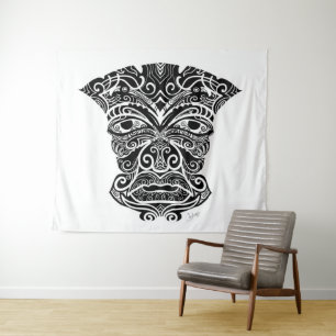 White And Black Tiki Mask Tapestry