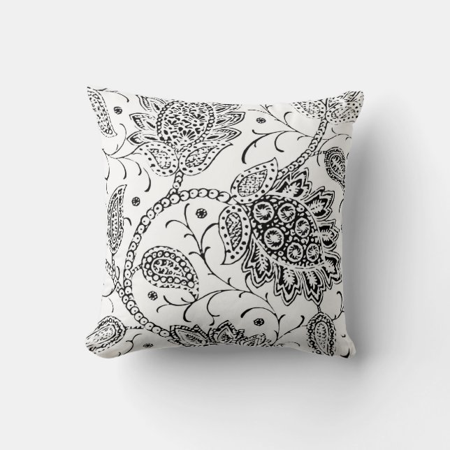 White and Black Toile Floral Accent Pillow (Front)