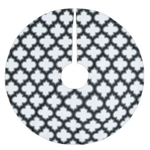 White and Black Trellis, Lattice, Quatrefoil Brushed Polyester Tree Skirt