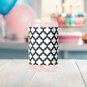 White and Black Trellis, Lattice, Quatrefoil Can Glass