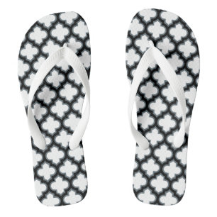 White and Black Trellis, Lattice, Quatrefoil Jandals