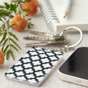 White and Black Trellis, Lattice, Quatrefoil Key Ring